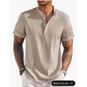 New Mens XL Linen Band Collar Shirt Short Sleeve Roll Up Casual Beach Khaki XL